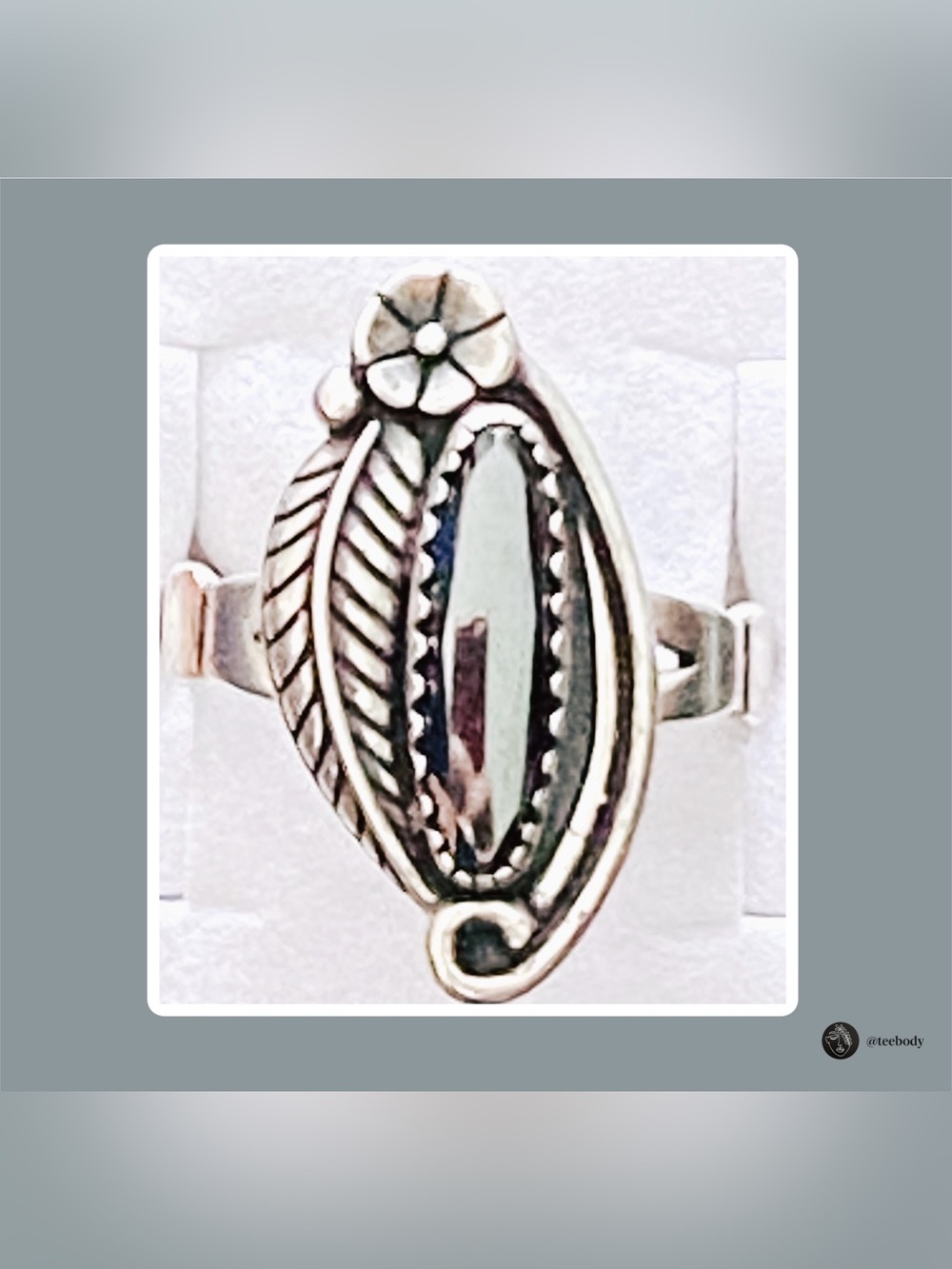 VTG Navajo Sterling Silver Black Diamond Agate Ring Leaf Flower WMCO